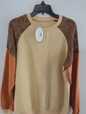 Source Unknown Cream Pullover with Brown Lace Yoke and Rust Sleeves
